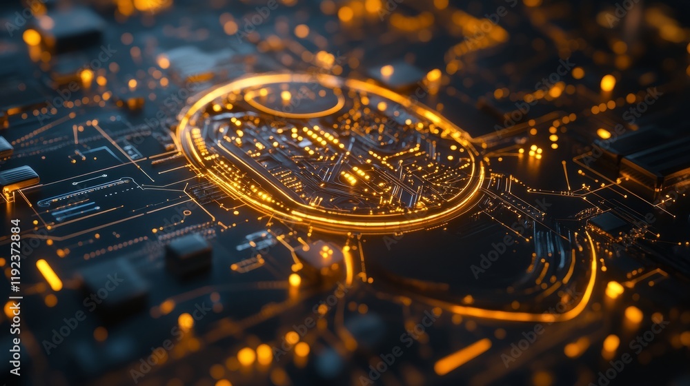 Poster futuristic digital brain with glowing circuit lines, symbolizing ai-driven cybersecurity systems, su
