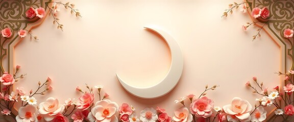 3D Islamic-themed background with crescent moon cradled by delicate floral arrangements.