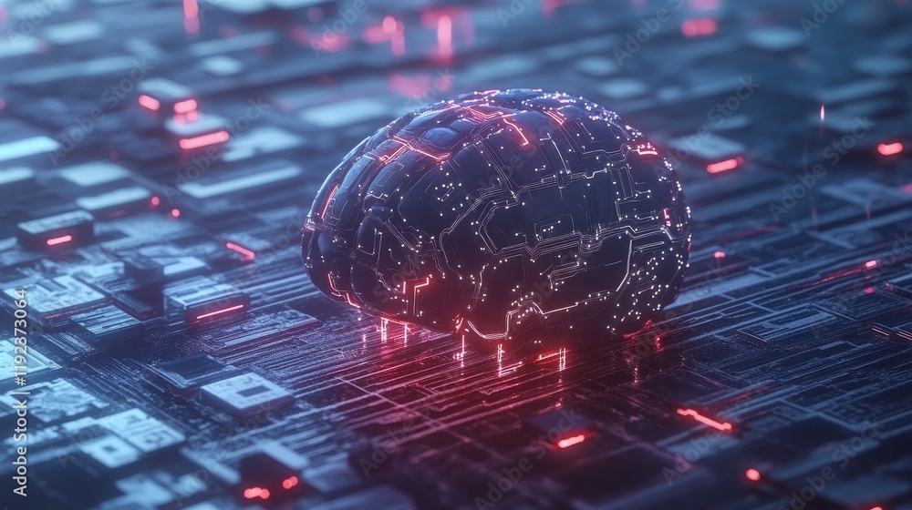 Poster futuristic digital brain with glowing circuit lines, symbolizing ai-driven cybersecurity systems, su