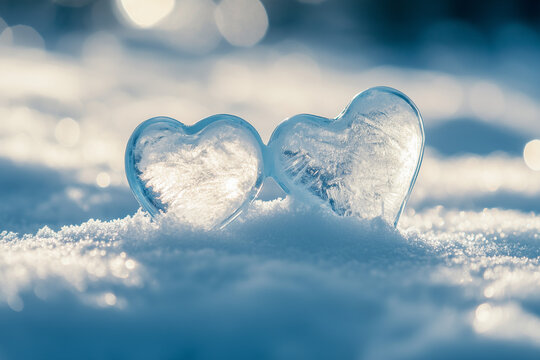 Two ice hearts are lying in the snow in the sunlight with a place for the text
