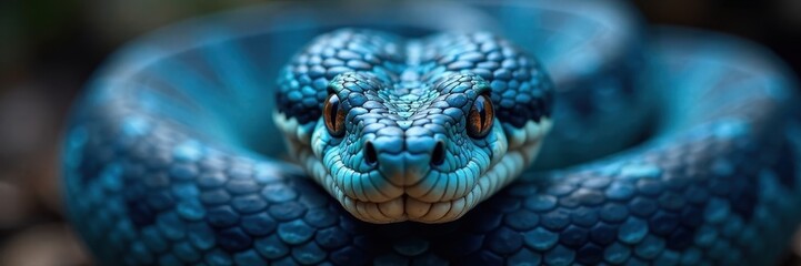 Blue viper snake portrait, intricate facial features, head, scales, macro photography