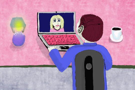 digital illustration of a couple talking on a video call. Video call of spouses via laptop. Man, woman, video game. A long distance call, a call from a business trip.
