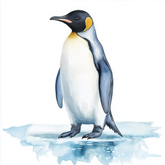 Fototapeta premium Illustration of the Emperor Penguin standing on the ice, soft watercolor tones, white background, detailed illustration, cartoonish.