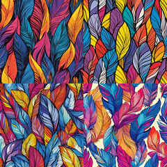 Fototapeta premium Four patterns of colorful feathers on a white background
