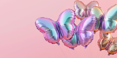 A collection of 11 butterfly-shaped balloons in iridescent colors arranged in a flutter pattern, capturing vibrant color shifts against a gentle rose backdrop with ample empty space