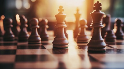 A chessboard with pieces strategically positioned, Chess strategy theme, Strategic style