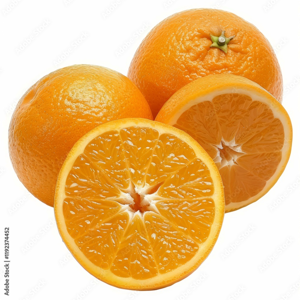Poster two whole oranges and two halves creating a composition on a white background