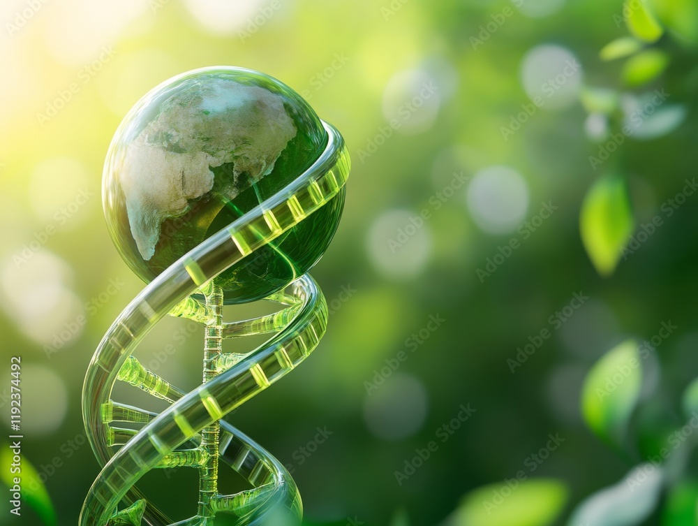 Aufkleber glass earth globe inside double helix dna structure with bokeh background