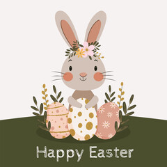 Easter card Happy Easter, cute bunny, painted eggs, vector illustration