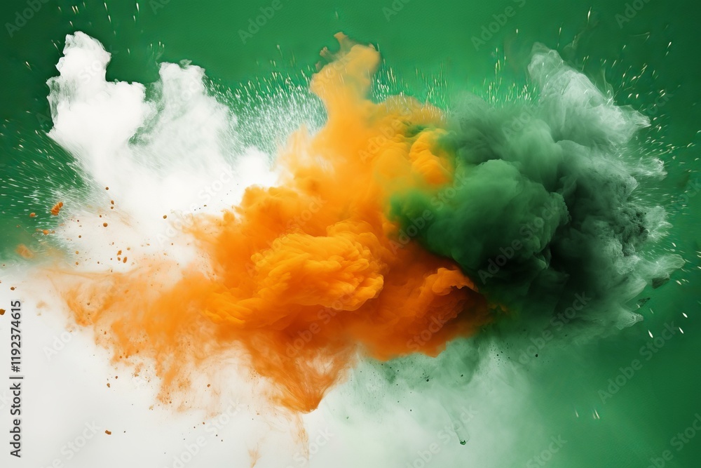 Poster orange and green smoke exploding on a green background, creating an abstract and vibrant image