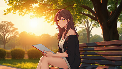 Obraz premium Serene Anime Girl Reading a Book on a Park Bench at Sunset with