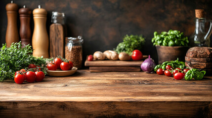 Fresh ingredients arranged on a wooden kitchen countertop for meal preparation