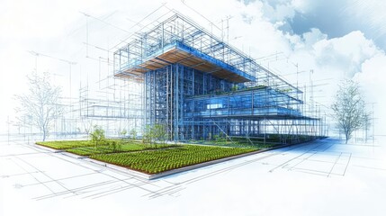 Obraz premium Architect sketching idea. Modern architectural design featuring a steel structure and green landscape.