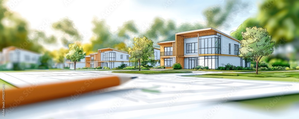 Poster architect sketching idea. modern architecture design featuring stylish homes in a serene neighborhoo