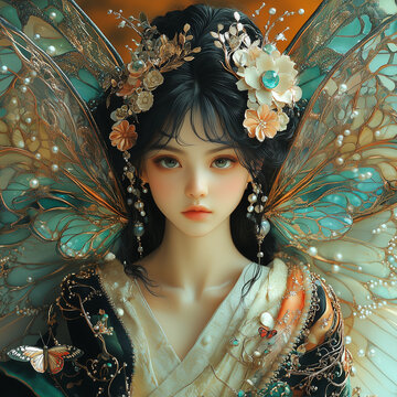 金と翡翠色の蝶の羽を纏うアジアの妖精、黒髪に白とオレンジの花の髪飾り、真珠のように輝く宝石で彩られた白い着物姿で幻想的な雰囲気を表現したファンタジーポートレート作品