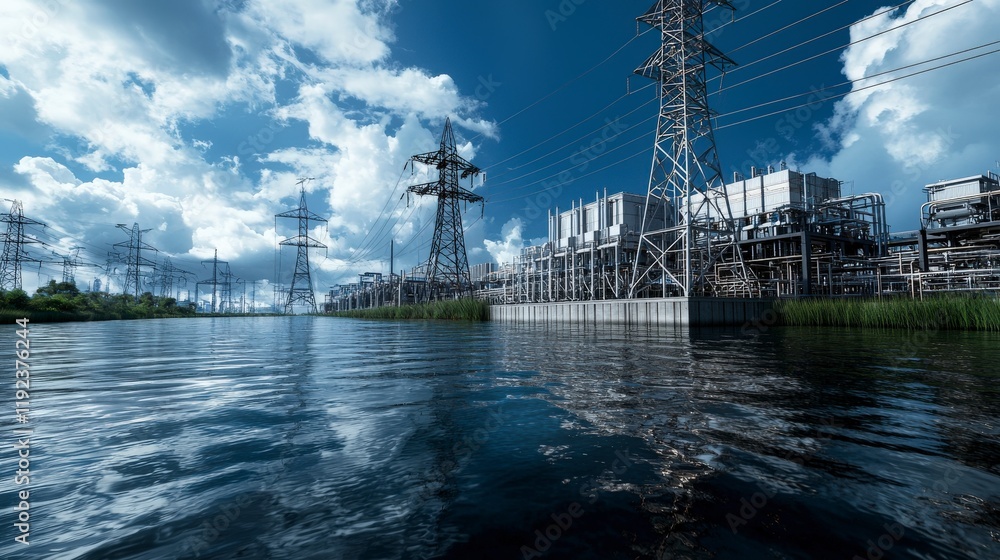 Poster peak energy generation optimization at power station industrial site 3d rendering technology aerial 