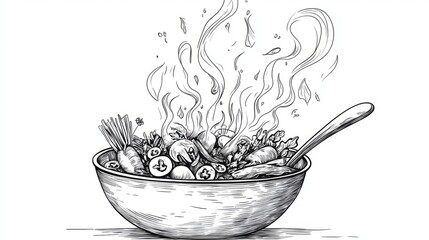 Whimsical blackandwhite soup bowl with vegetable steam art