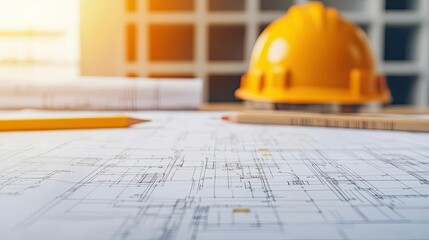 Architect project concept. Blueprints and safety helmet on a construction desk, symbolizing architectural planning.