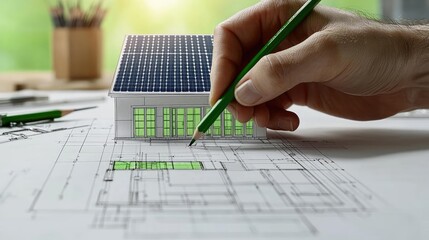 Architect sketching idea. A hand sketches a sustainable building with solar panels and design plans.