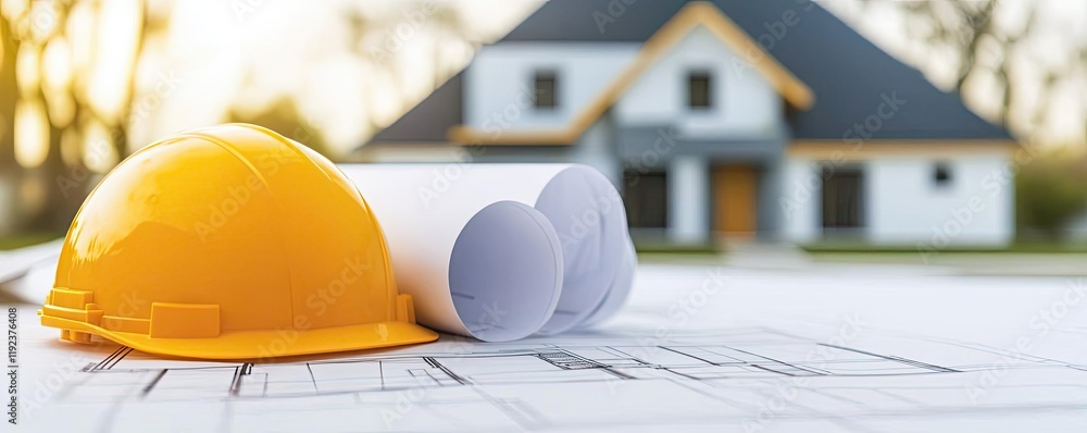 Poster architect blueprint concept. construction tools and blueprints in front of a newly built house in br