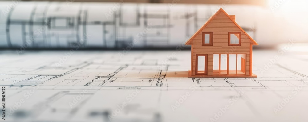 Poster architect blueprint concept. a miniature house model placed on architectural blueprints for construc