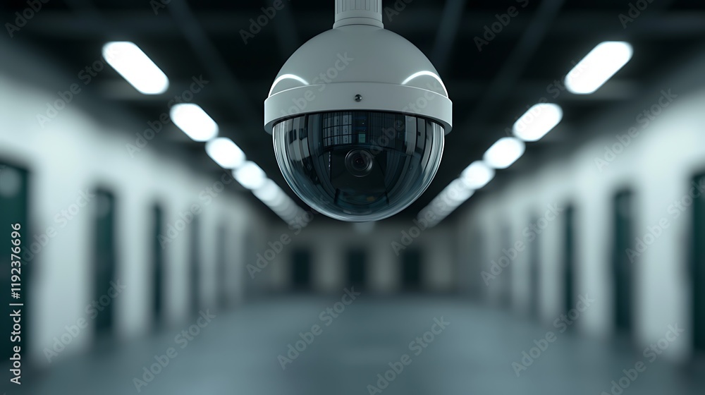 Poster a surveillance camera hangs in a dimly lit corridor, emphasizing security and vigilance in an enclos