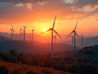 Wind turbines generating energy on a farm, renewable and rural sustainability