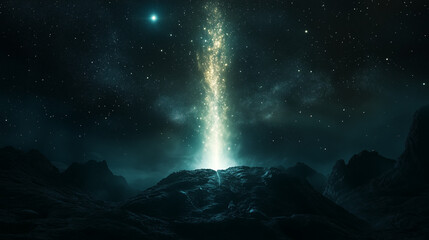 An open book with glowing pages and starlight streaming into the sky, against a dark celestial backdrop