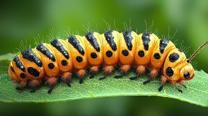 Fototapeta premium Orange Black Striped Caterpillar Crawls On Green Leaf