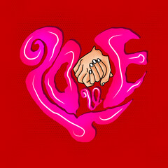 Valentine background, love text, Hand lettering, calligraphy, hand holding illustration vector 