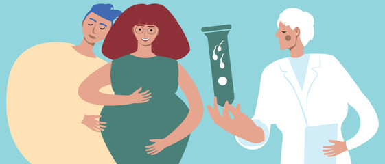 Couple with pregnant woman, in vitro fertilization assisted pregnancy, flat vector stock illustration, family consultation with doctor for IVF