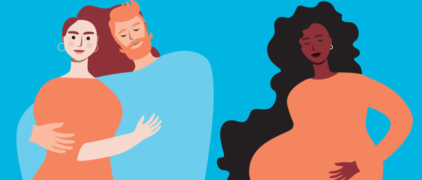 Couple with BIPOS surrogate pregnant woman as family planning and in vitro fertilization concept, flat vector stock illustration with IVF
