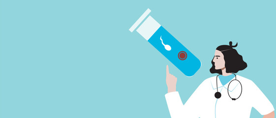 Doctor with IVF test tube, flat vector stock illustration or copy space template and touchscreen touchscreen with egg and sperm
