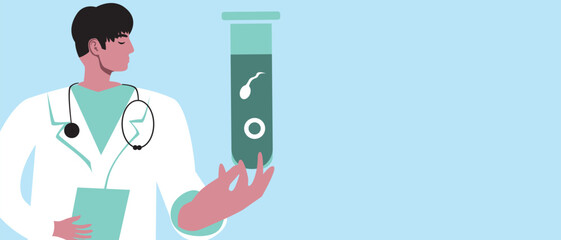 Doctor with IVF test tube as fertility medical care concept, flat vector stock illustration or copy space template with egg and sperm