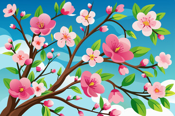 Pink fruit blossoms against blue sky vector art illustration 