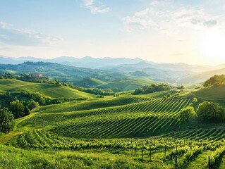 Fototapeta premium Grape harvesting in rolling vineyards tuscany aerial photography sunny landscape scenic view agricultural abundance