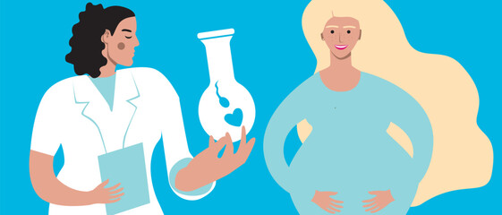 Pregnant woman as a concept of planning a family using in vitro fertilization, flat vector stock illustration, consultation with a doctor about donor sperm for IVF