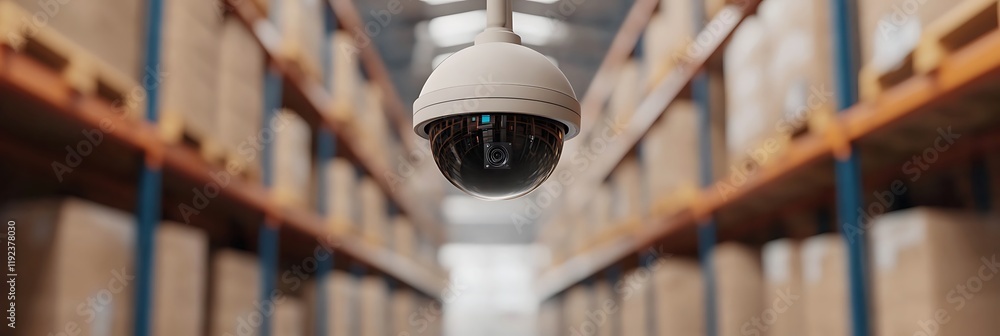 Poster a surveillance camera hangs in a warehouse aisle filled with stacked boxes, ensuring security and mo
