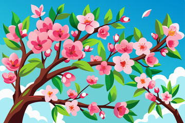 Pink fruit blossoms against blue sky vector art illustration 