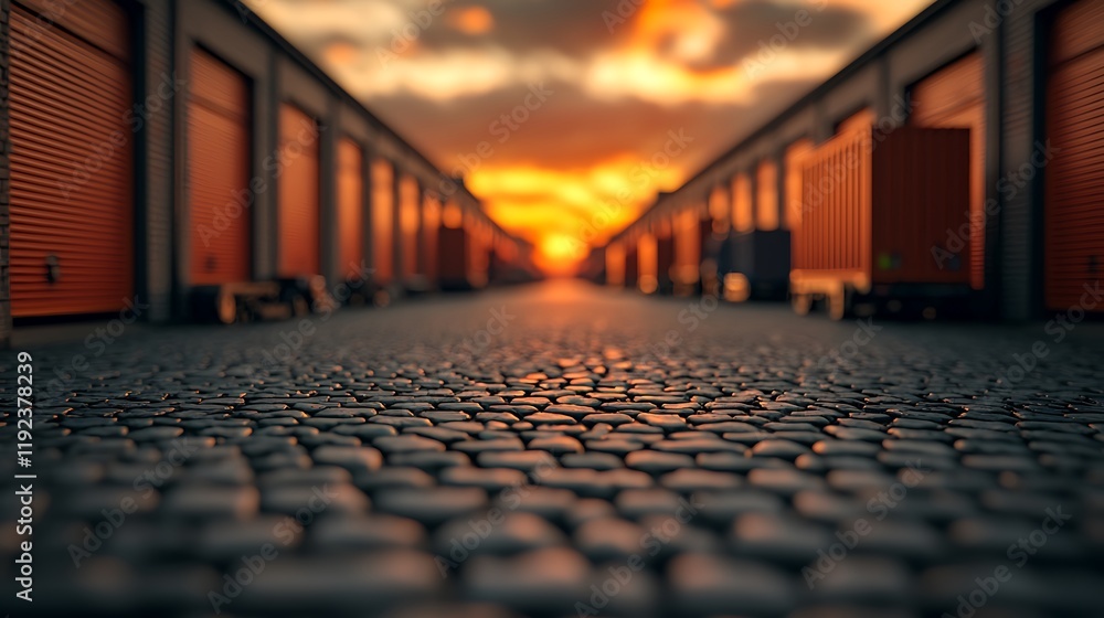 Poster a serene sunset casts a warm glow over a row of storage units, highlighting cobblestone pathways and