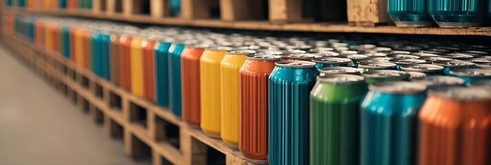 A vibrant display of colorful cans stacked neatly on wooden pallets, showcasing a variety of beverages in a warehouse setting.