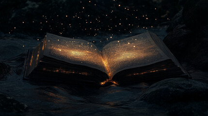 An open book with glowing pages and starlight streaming into the sky, against a dark celestial backdrop