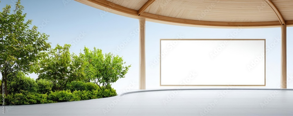 Aufkleber architect sketching idea. modern pavilion with empty frame, surrounded by lush greenery and a clear 