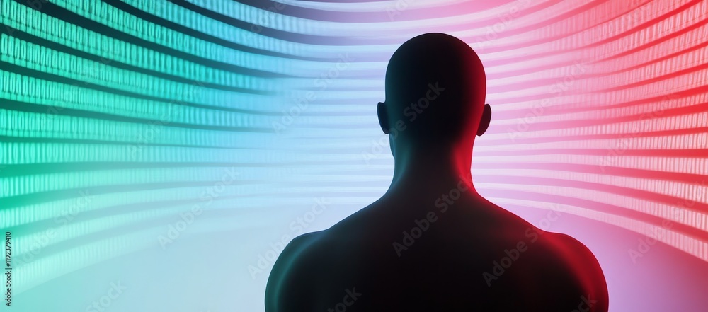 Poster digital human figure in front of abstract wall with glowing binary code, symbolizing ai and future t