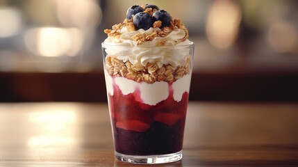 Greek yogurt fruit parfait in clear glass styled image