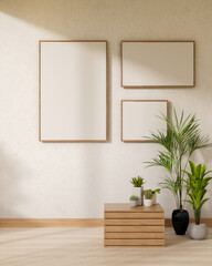 Minimalist picture frames are mounted on a white wall in a room featuring indoor plants.