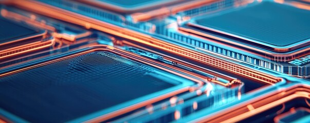 Fototapeta premium Architect blueprint concept. Close-up of a modern microchip with vibrant colors and intricate circuitry.