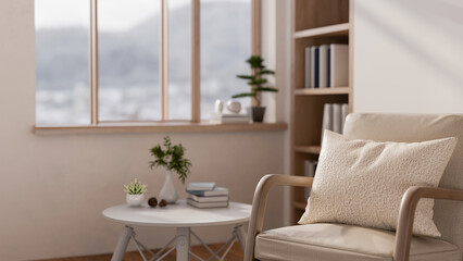 A cosy, contemporary home relaxation area by the window featuring an armchair and a coffee table.