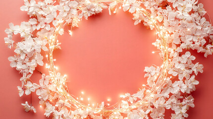 Fototapeta premium Delicate floral wreath with lights soft pink background decorative art indoor setting close-up shot warm ambiance