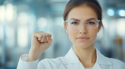 In a modern lab, a female scientist raises her arm confidently, emphasizing support for women's rights and empowerment